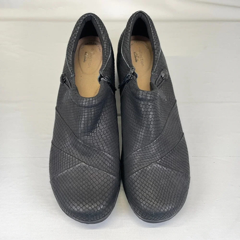 Clarks Channing Ann Shoes Womens Size 12M Black Leather Side Zip Comfort Loafers